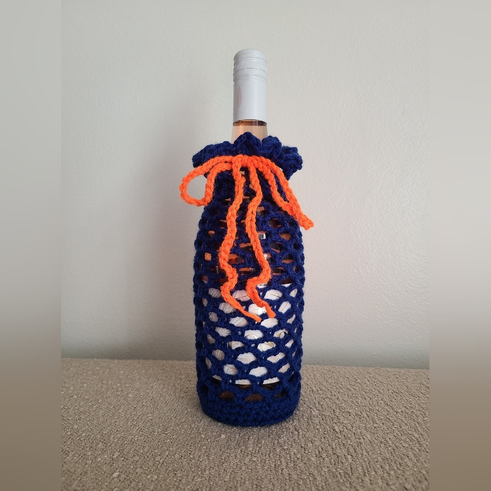 Handcrafted Blue and Orange Crochet Wine Bottle Cover